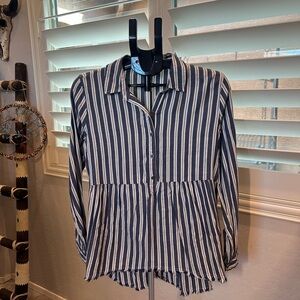 True Craft Navy and White Striped Button Down Shirt